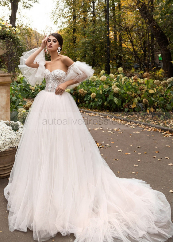 Beaded Lace Tulle Wedding Dress With Detachable Sleeves